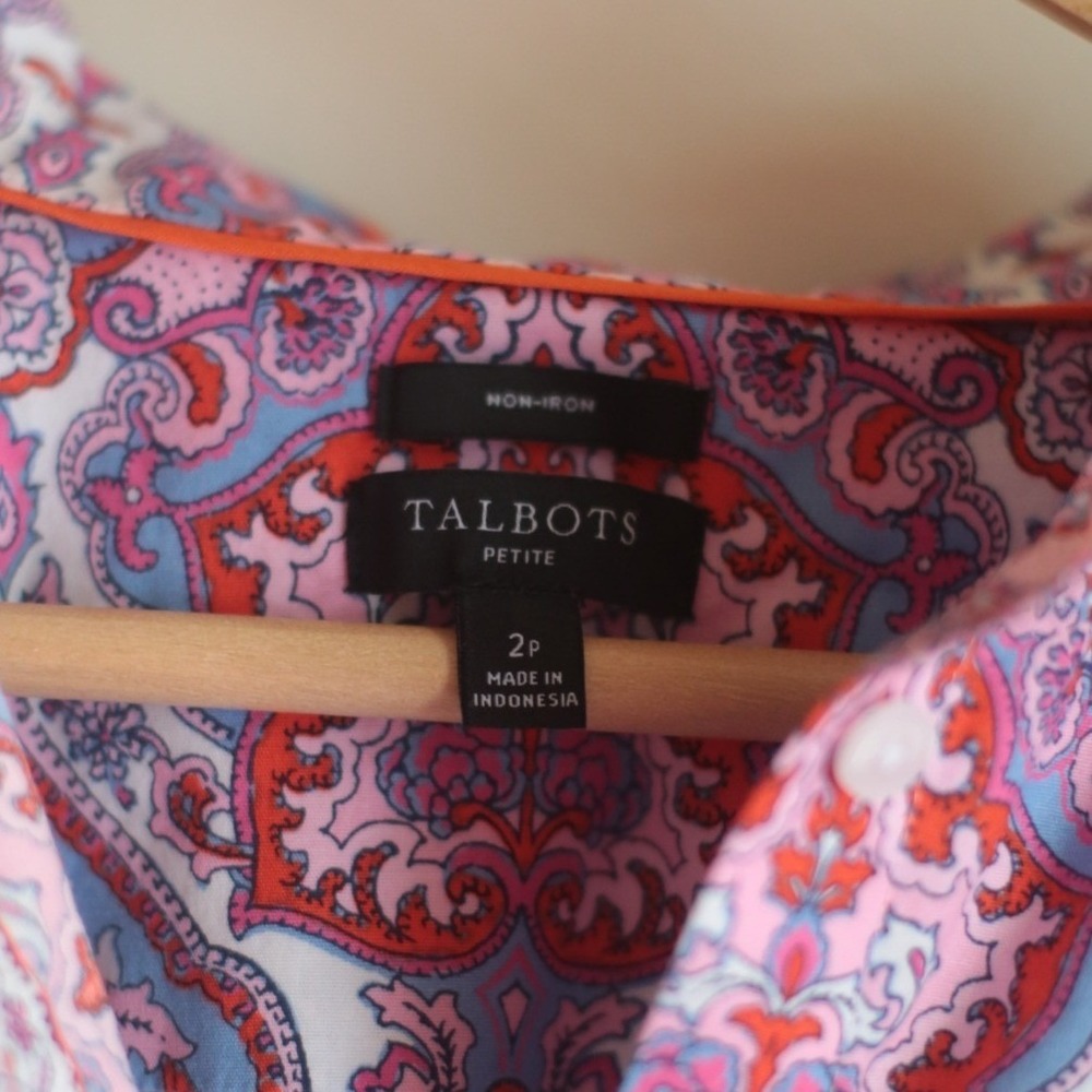 Talbots Petite 2P Paisley Button Down Shirt Pink Blue Long Sleeve Cotton - Picture 4 of 10